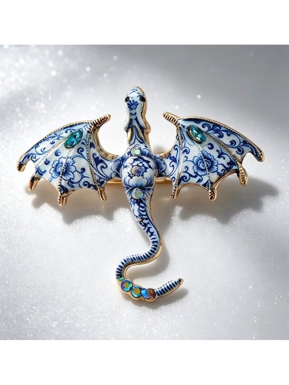 Vintage Blue Porcelain Dragon Brooch with Rhinestone Accents